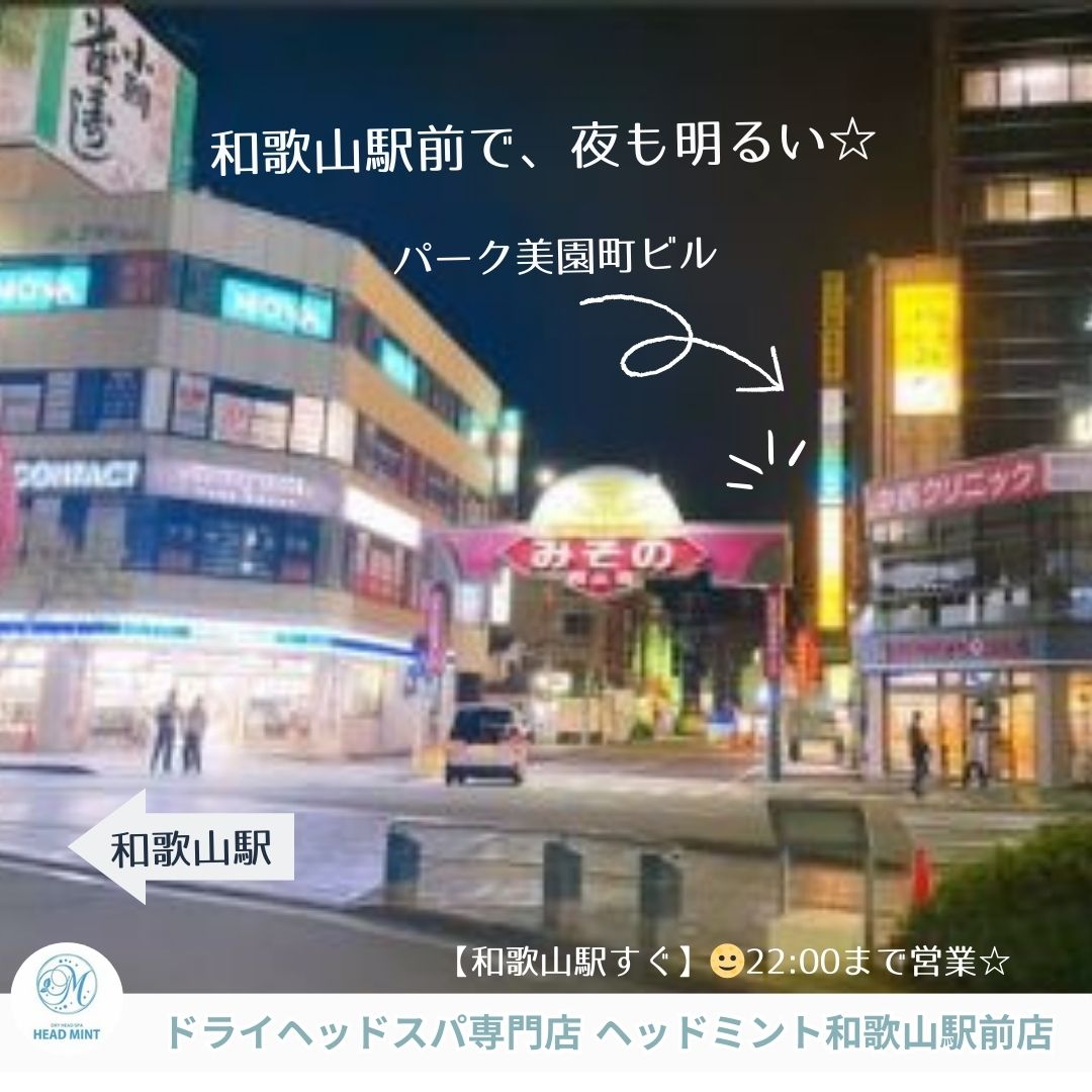 和歌山駅前で、夜も明るく、交番も近くにありますよ。
みその
ドライヘッドスパ専門店ヘッドミント和歌山駅前